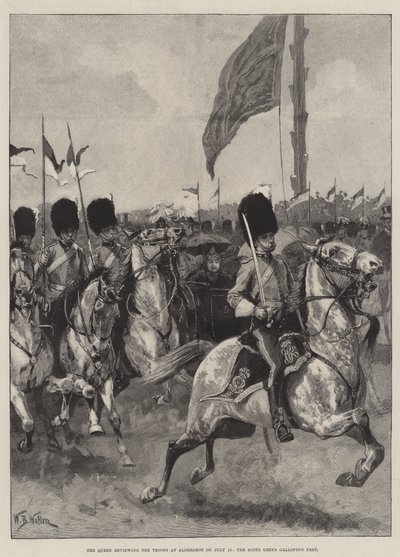 La Reina revisando las tropas en Aldershot el 13 de julio, los Scots Greys galopando de William Barnes Wollen